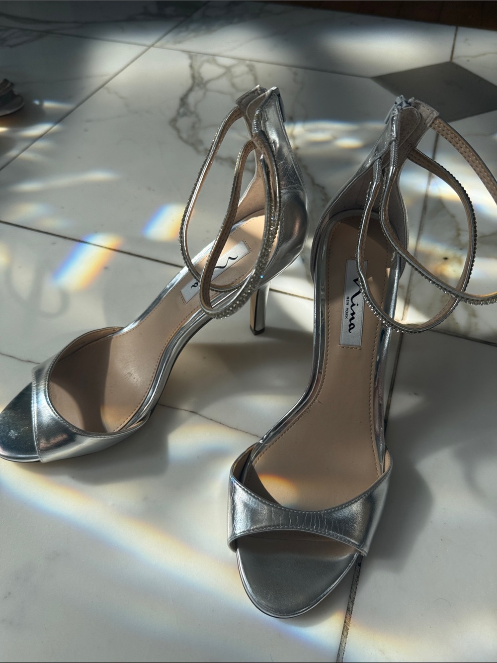 Nina Metallic Silver Strappy Stiletto Sandals